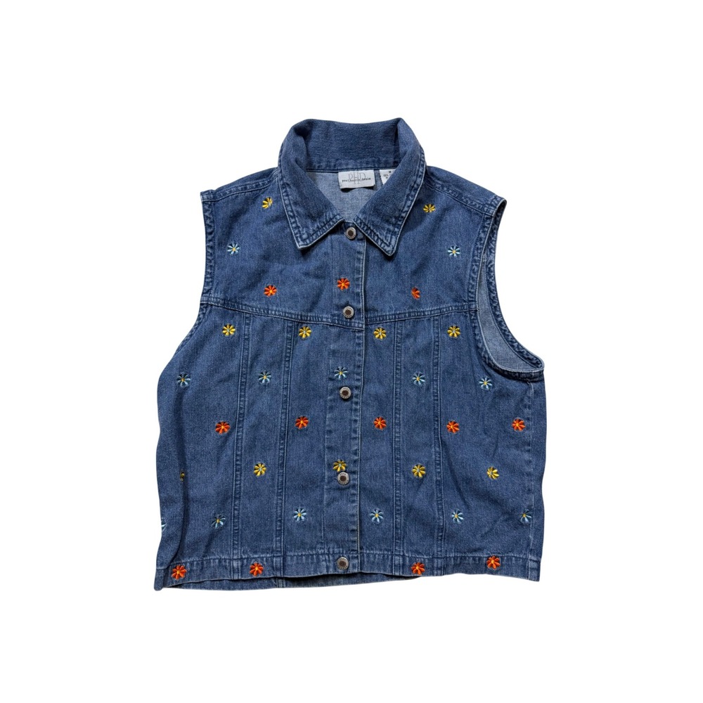 Y2K Paul Harris Denim Floral Embroidered Button Down Vest – Size M